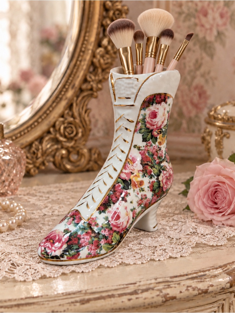 Vintage Formalities by Baum Bros Floral Porcelain High Heel Shoe Vase Gold Trim